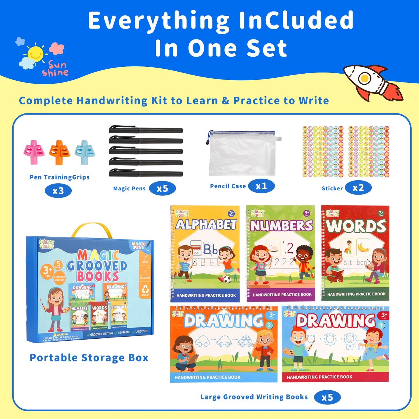 Magic Grooved Handwriting Practice Book for Kids Ages 3-8, Reusable Tracing Workbooks with Auto-Disappearing Ink, Preschool Learning Activities for Toddlers-Gifts for Children