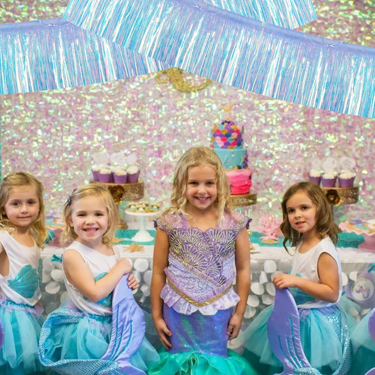 BEISHIDA 3 Packs 30 Feet Metallic Foil Fringe Garland Tinsel Streamers，Iridescent Blue Wall Hanging Tinsel Fringe Banners for Wedding Birthday Party Decoration Halloween Christmas New Year
