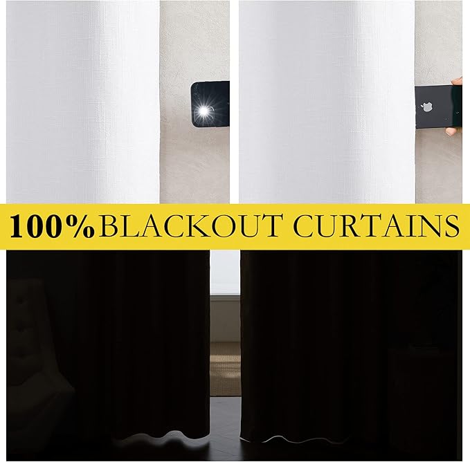 NICETOWN 100% Absolutely Blackout Linen Curtains with Thermal Insulated White Liner, White, 42 inches Wide, 72 inches Length Energy Saving Curtains for Living Room 2 Panels Set, Vertical Blinds