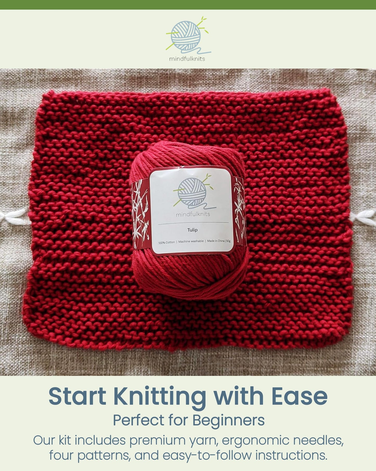 mindfulknits - Beginners Washcloth Knitting Kit - Includes 100% Cotton Knitting Yarn + Circular Knitting Needles & Yarn Needle (Flora Colored Cotton Yarn) - Mindful Crafting Kit