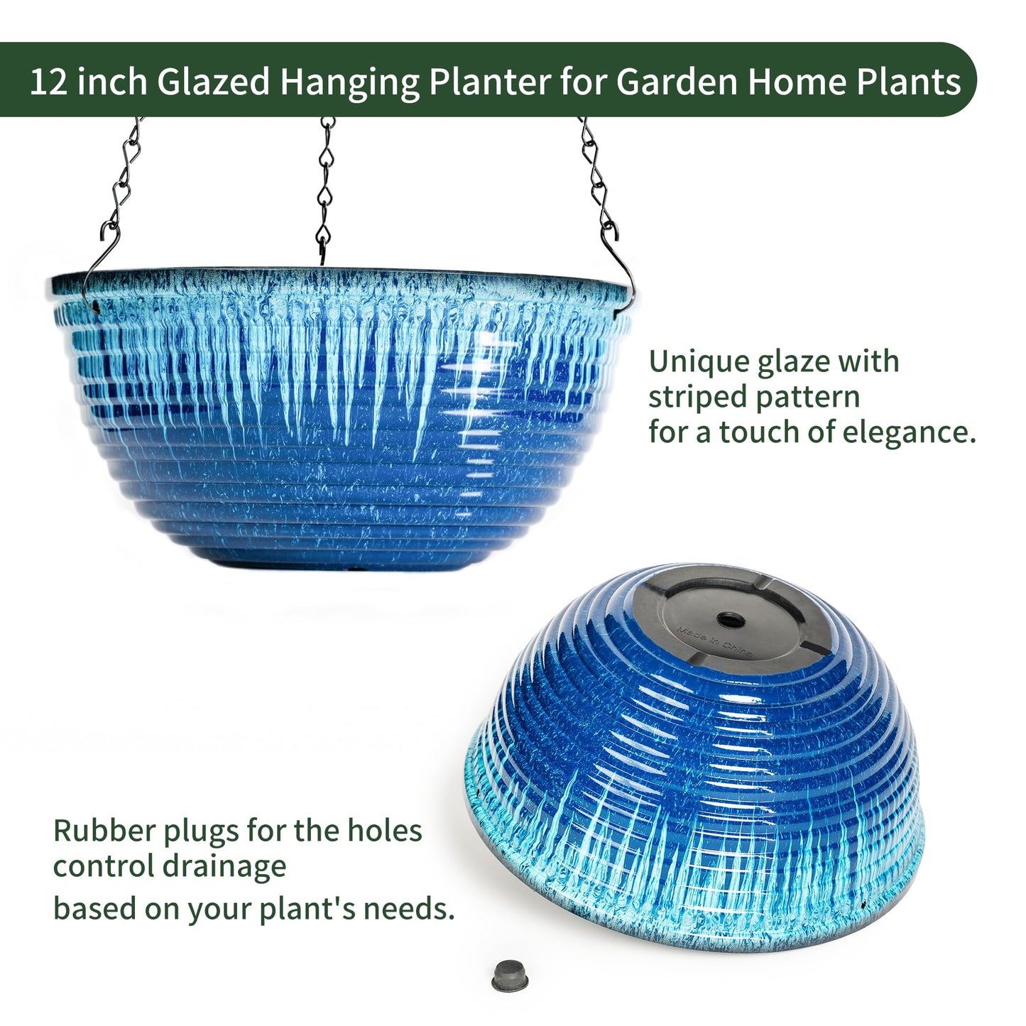 Vanslogreen 12 inch Hanging Planters for Indoor Outdoor Plants, 2 Pack Large Hanging Flower Pots with Drainage Holes and Chain, Glazed Hanging Baskets for Home Garden Decoration (Blue Flow Glaze)