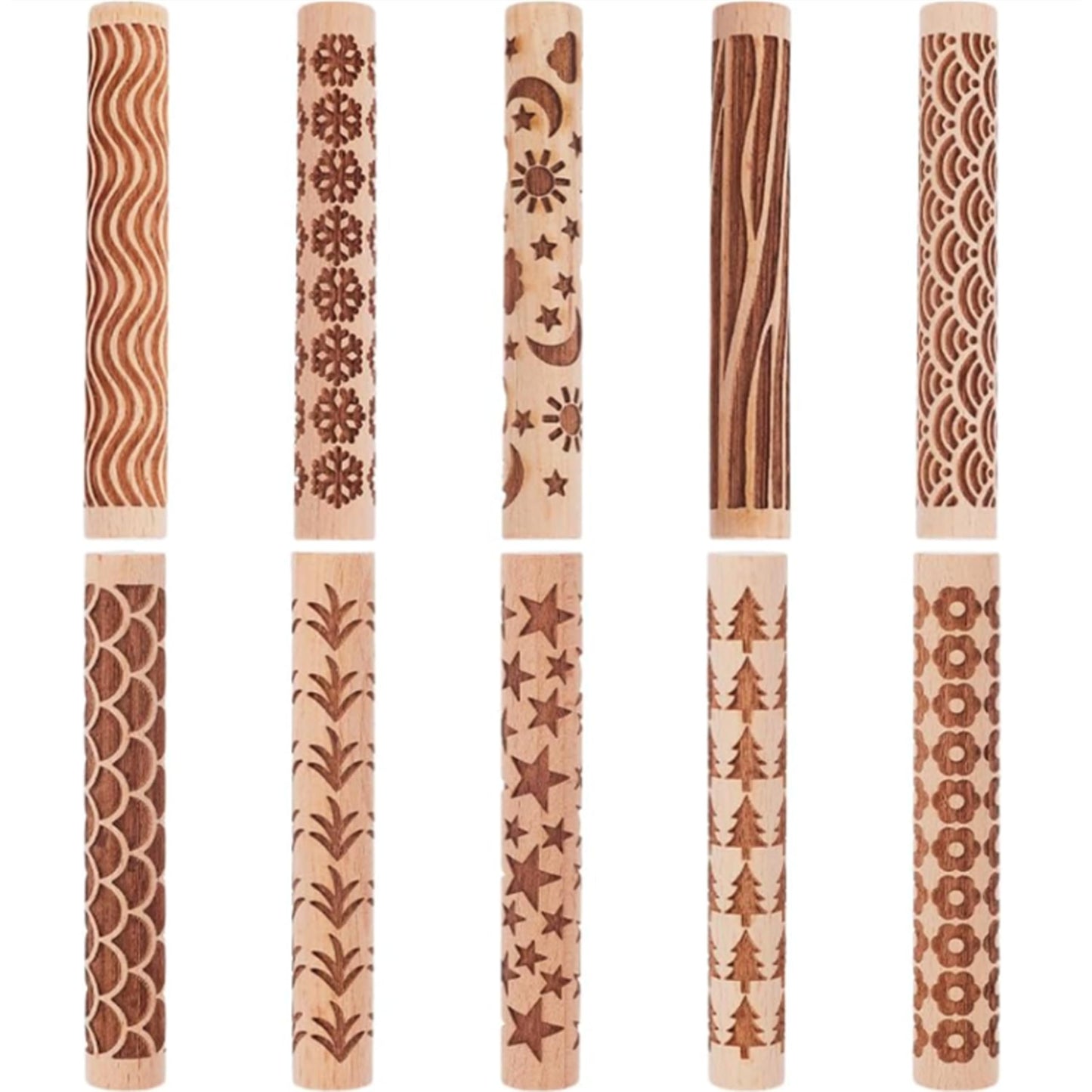 YANGYIXIN Wooden Clay Texture Rollers Set 10Pcs for Pottery Clay Roller and Texture Roller Tool Set with 10 Wooden Stamps & Textured Rolling Pins for Ceramics, DIY Handmade Art and Craft Supplies.