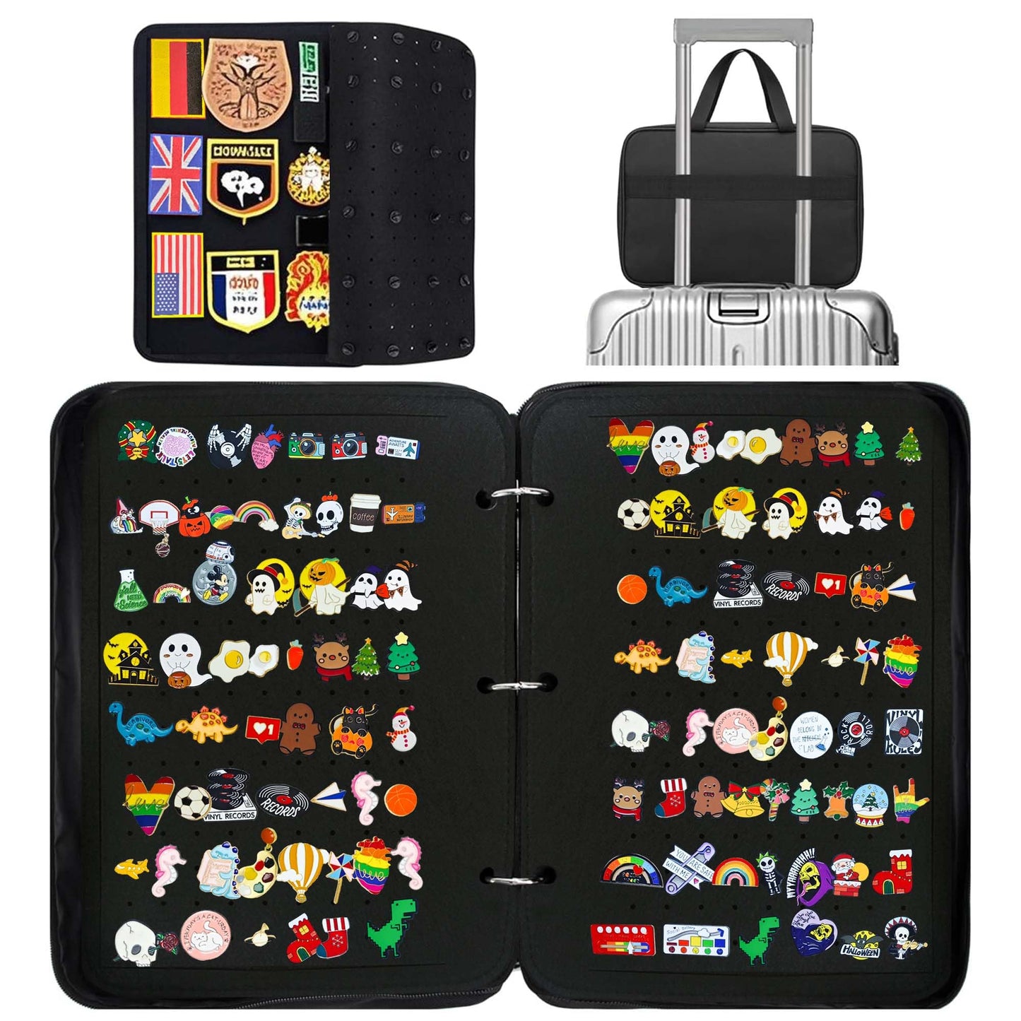 Mi Ya Mi Lai Extra Large Pin Display Book for Collectors,Portable 3 Ring Binder,Double Sided Felt Pages,Holds 300+ Pins & 50 Patches, Detachable Organizer (Black)