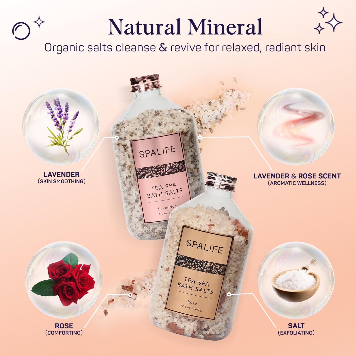 SpaLife Effervescent Rose & Lavender Bath Salts for Women Relaxing | Mothers Day Gifts & Aromatherapy Dead Sea Salt Bath Soak Duo | Real Flower Petals for Relaxing Mineral Baths | 2-Pack (35.2 oz)