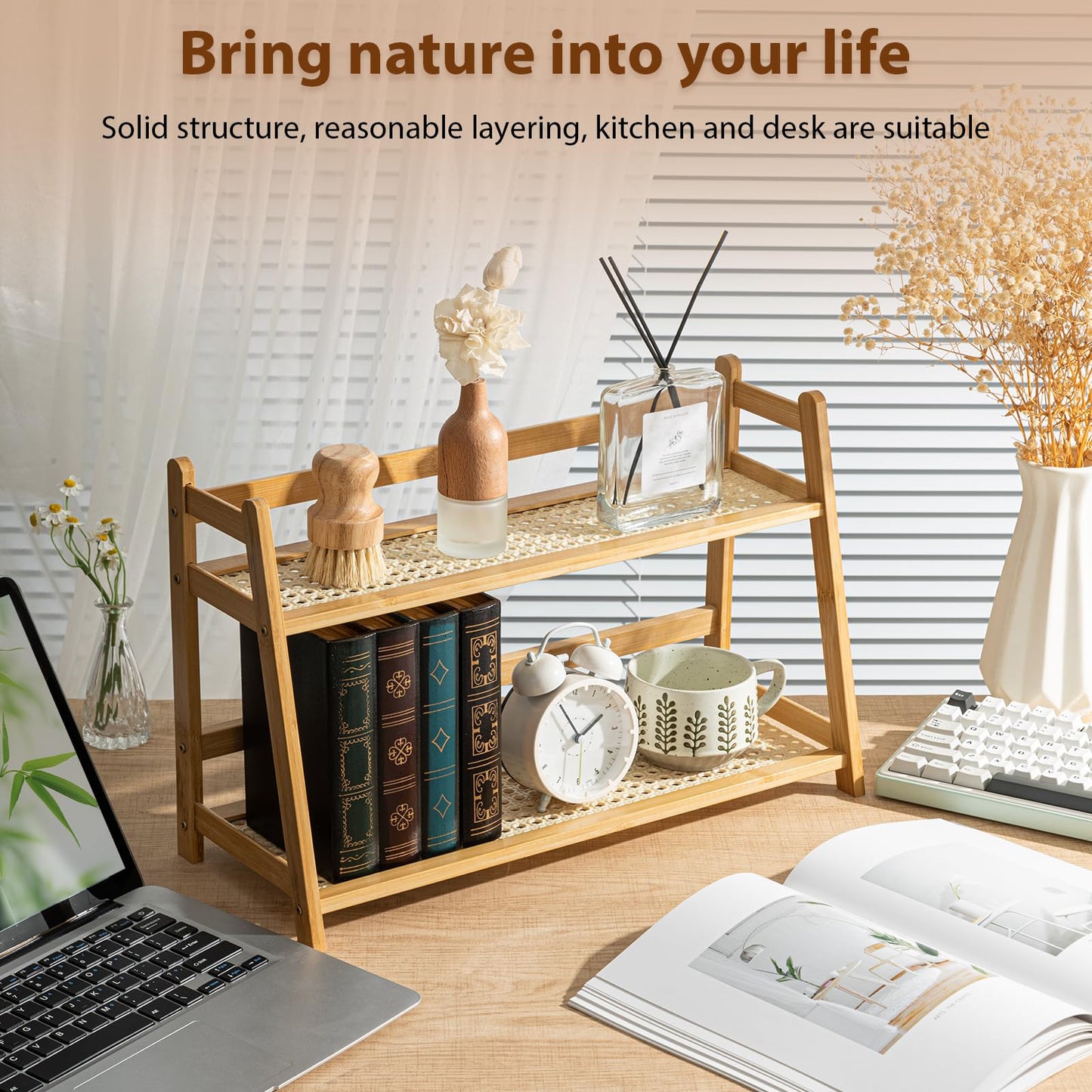 Yalikop 2 Pcs 17.7 Inch 2 Tier Matcha Station Shelf Bamboo Coffee Mug Stand Countertop Storage Rack, Double Layer Rattan Office Cup, Kitchen, Tea, Plant, Bar Accessories Condiment Display (Wood)
