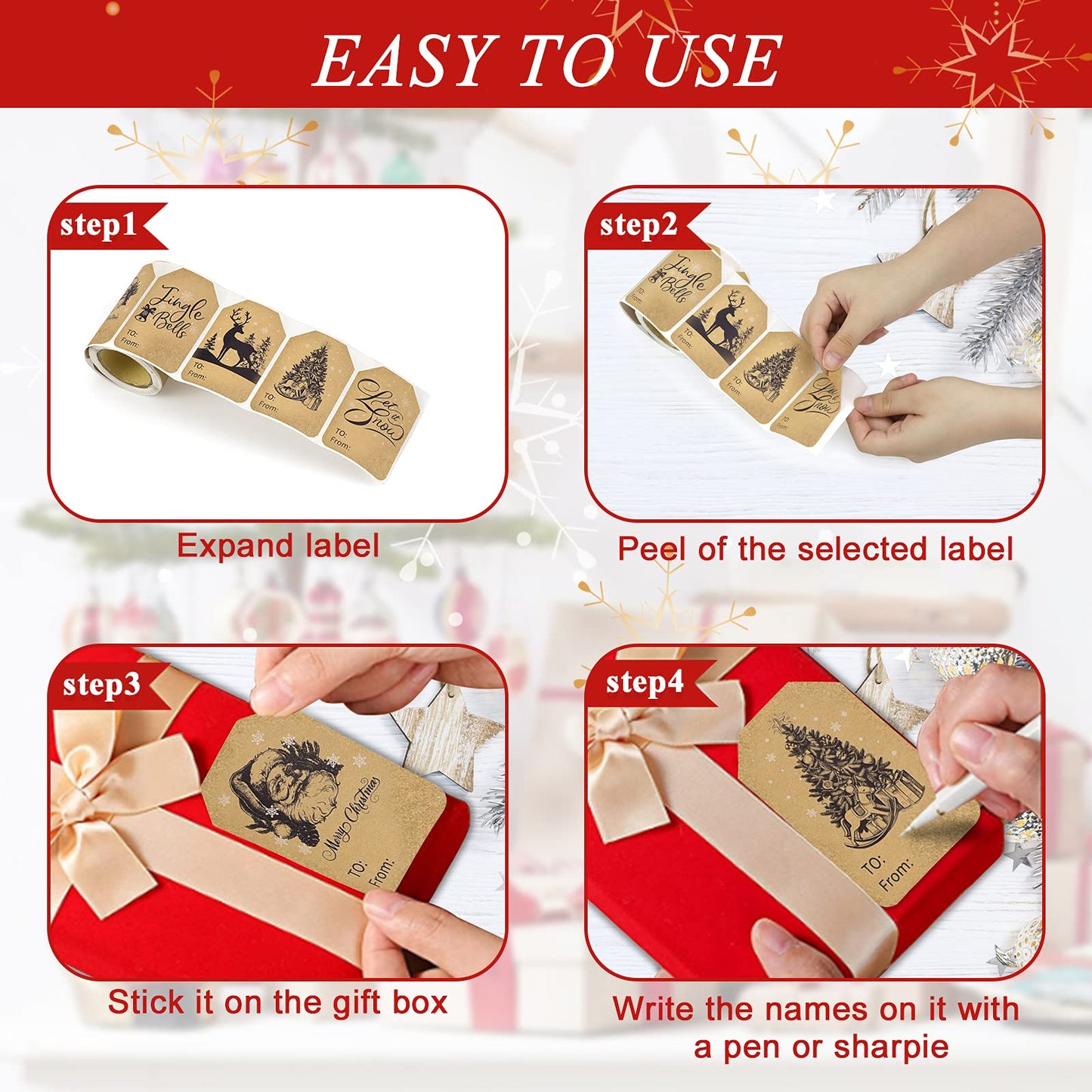 Kraft Christmas Gift Label Stickers 2 x 3 Inch Self-Adhesive Name Christmas Gift Tag Stickers 120 Pieces a Roll