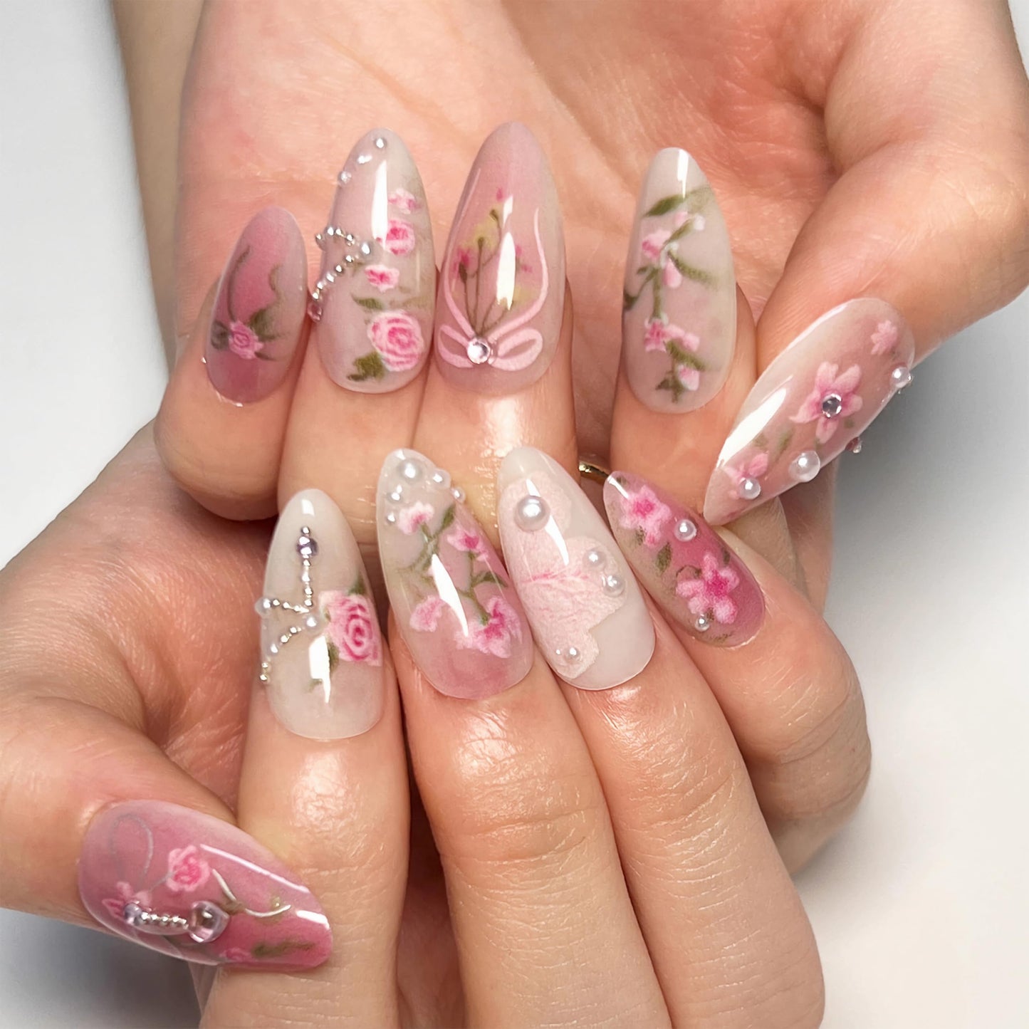 BABALAL Almond Press on Nails Medium Fake Nails Pink Glue on Nails Flower Heart Charm Design Acrylic Nails 24Pcs Coquette Handmade False Nails