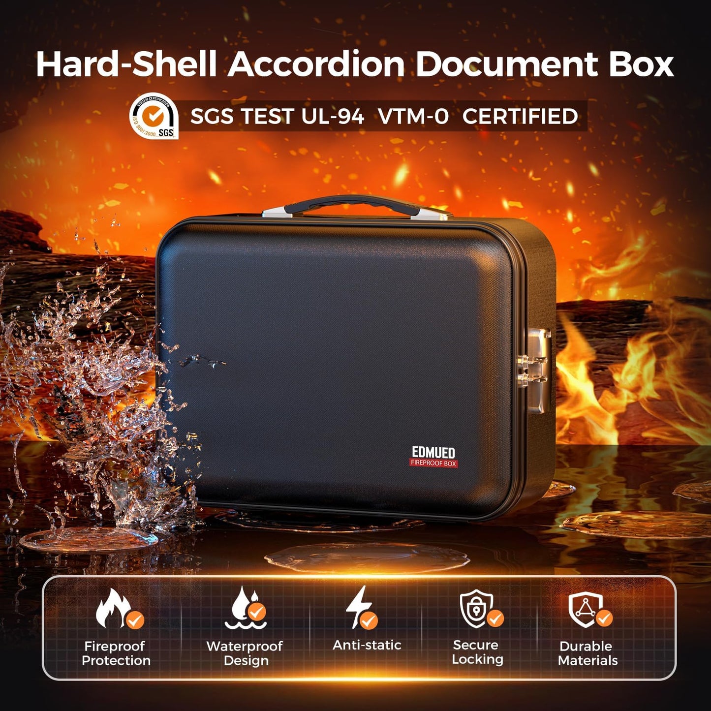 EDMUED Fireproof Document Box with Combination Lock, Fireproof Water Resistant Hard Case Safe Box for Important Documents Certificates Laptop Passports