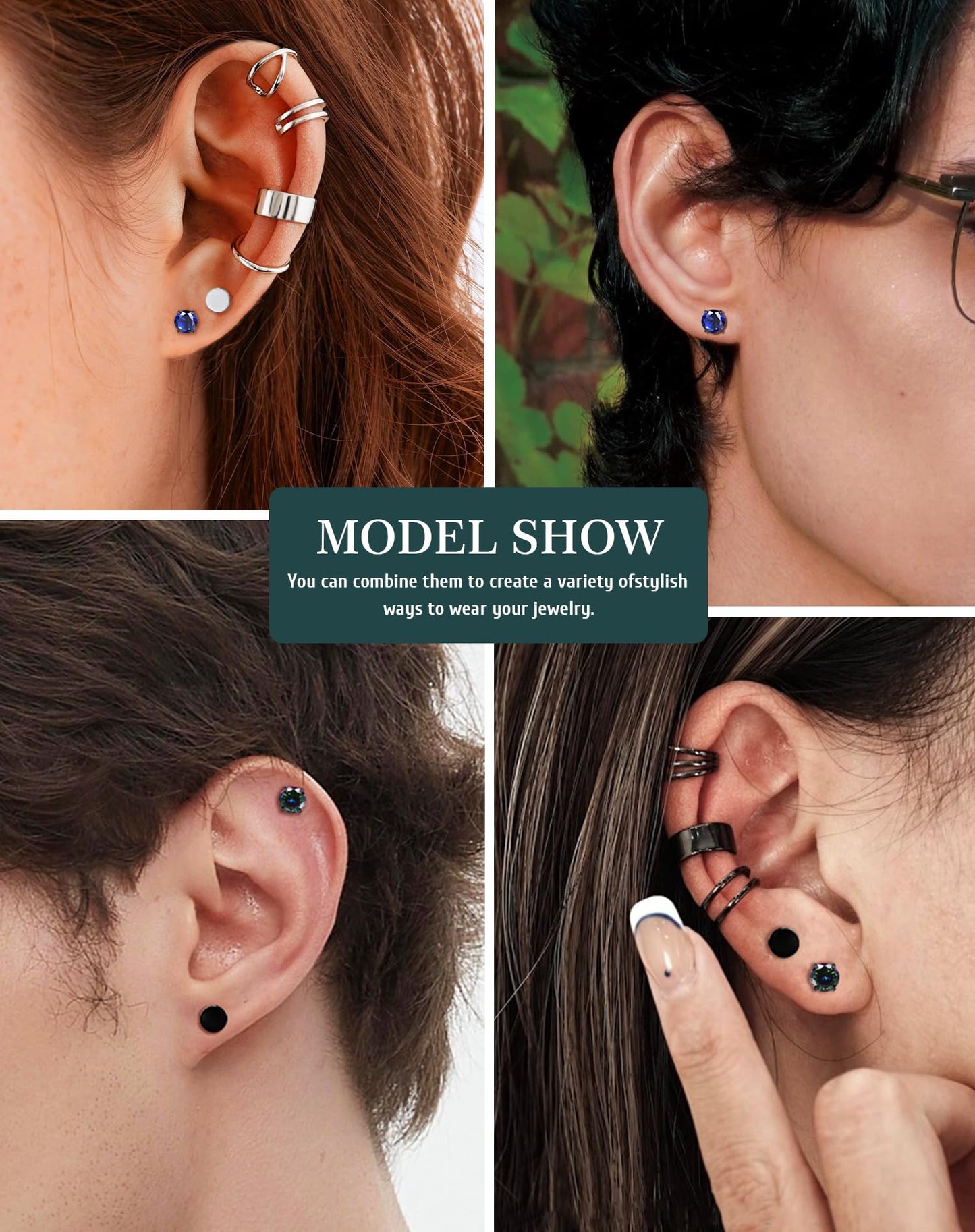 SIISPRI 4 Pairs Stainless Steel Magnetic Stud Earrings for Men Women Hypoallergenic Inlaid Cubic Zirconia Unisex Non-Piercing Clip On Stud Diamond Earrings Set