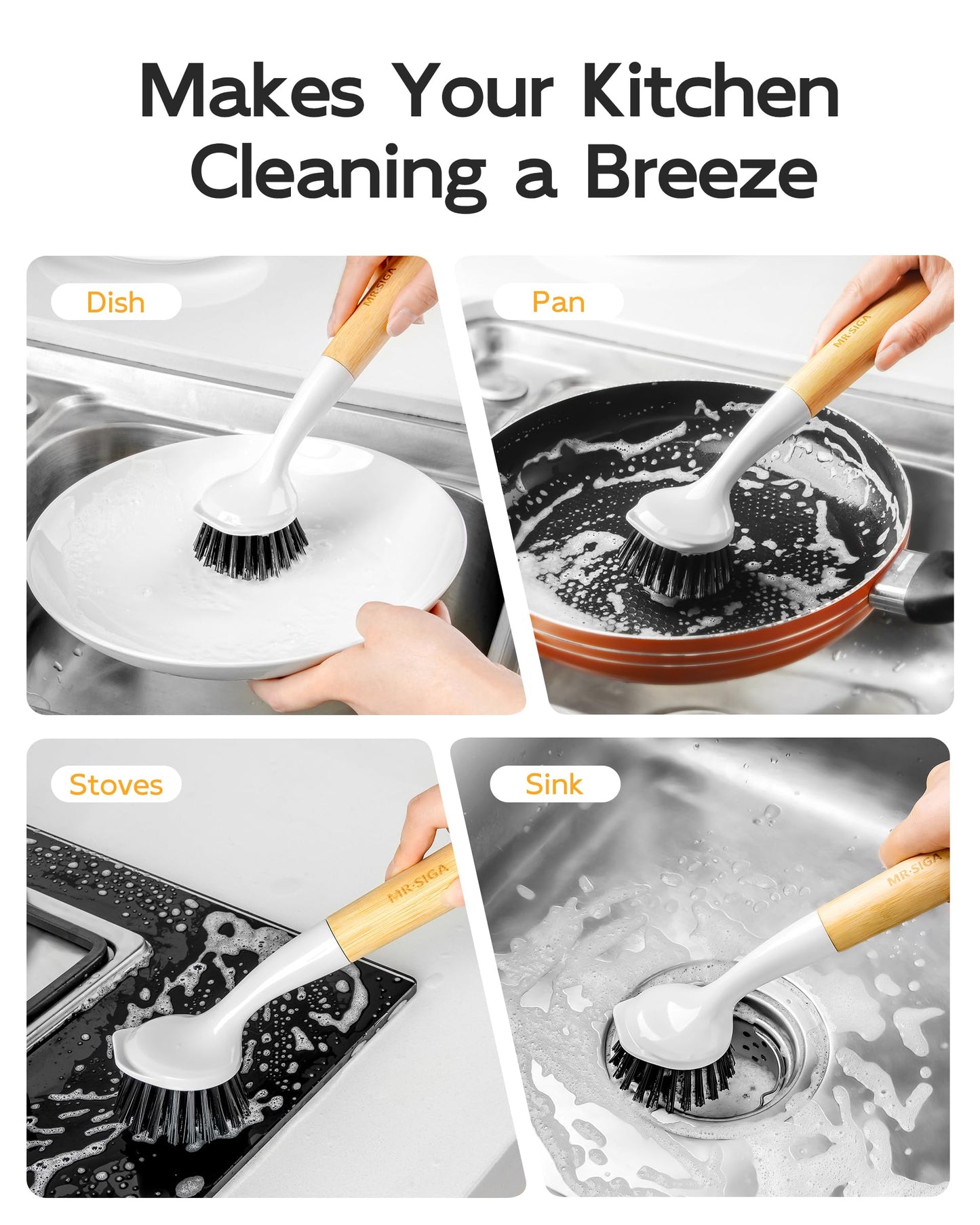 MR.SIGA Dish Brush with Handle, Dish Scrub Brush with Built-in Scraper, Bamboo Dish Brush for Pots and Pans, Kitchen Sink, 2 Pack