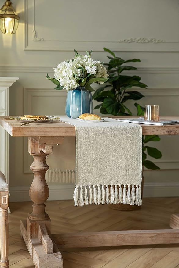 ZeeMart Cream Table Runners 72 Inches Long, Burlap Linen Style Rustic Farmhouse Table Runner, Boho Woven Dining Table Runner, 13x72 Inches, Cream