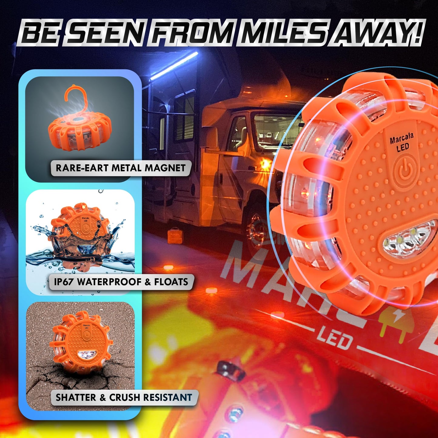 Marcala 3‑Pack LED Road Flares | DOT Compliant Emergency Lights for Vehicles with Batteries, Whistle & Case | Flares Emergency Road | Emergency Flares | Perfect For Gifting or Everyday Roadside Safety