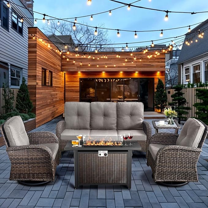 HUMMUH 5-Piece Patio Furniture Set with Fire Pit,Wicker Outdoor Swivel Rocker Chairs Patio Sofa for Backyard,Poolside,Deck,Brown Grey