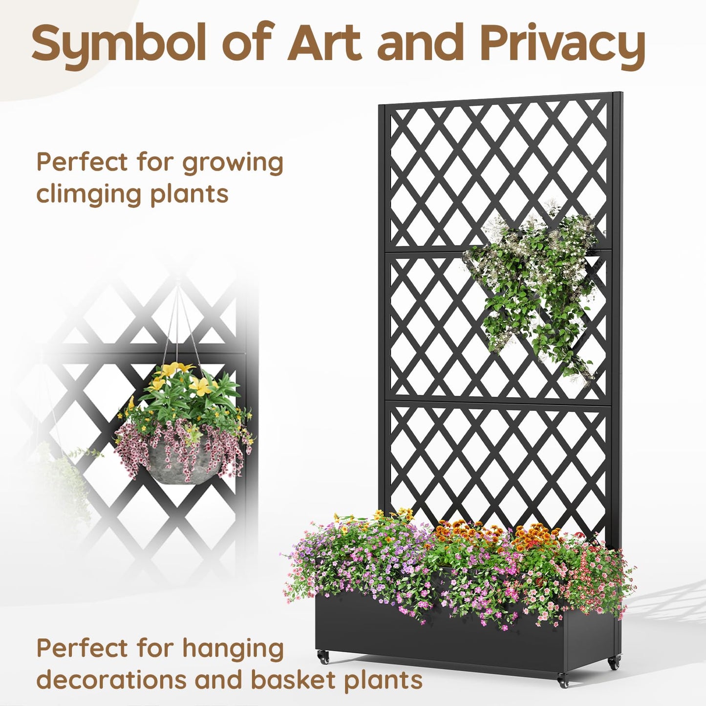 Metal Planter Box with Trellis,72"x35"x15",Galvanized Raised Garden Bed Trellis Outdoor Planter with Privacy Screen & Wheels and Drainage Holes,for Patio Climbing Vegetables,Flowers,Vines,Black