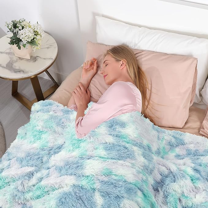 Tuddrom Decorative Extra Soft Faux Fur Blanket Queen Size 80"x90",Solid Reversible Fuzzy Fluffy Plush Fleece Comfy Microfiber Fur Blanket for Couch Sofa Bed,Tie Dye Blue
