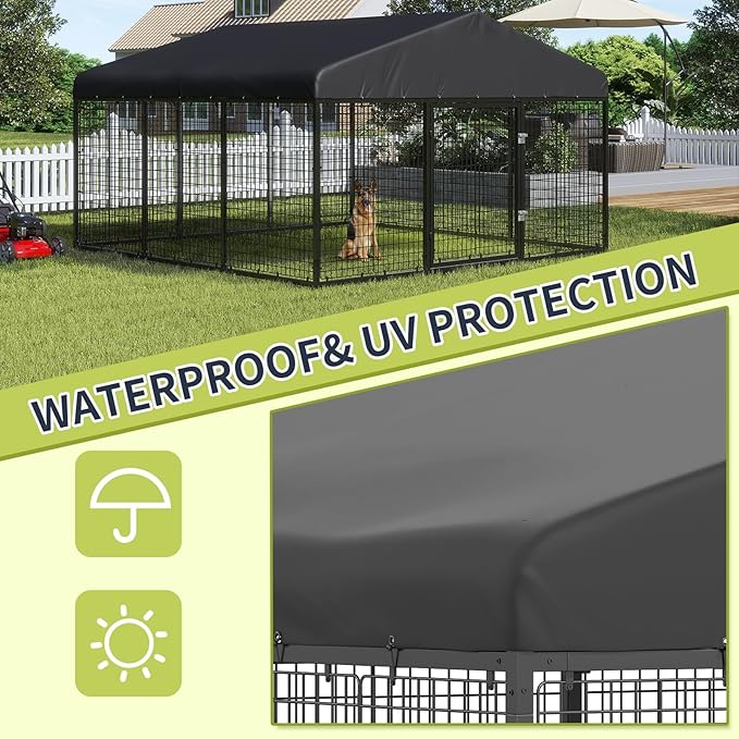 Petony Large Outdoor Dog Enclosure,Heavy Duty Dog Cage with Roof,Galvanized Steel Dog Kennel Fence with Double Safety Locks(79”W x 79”D)