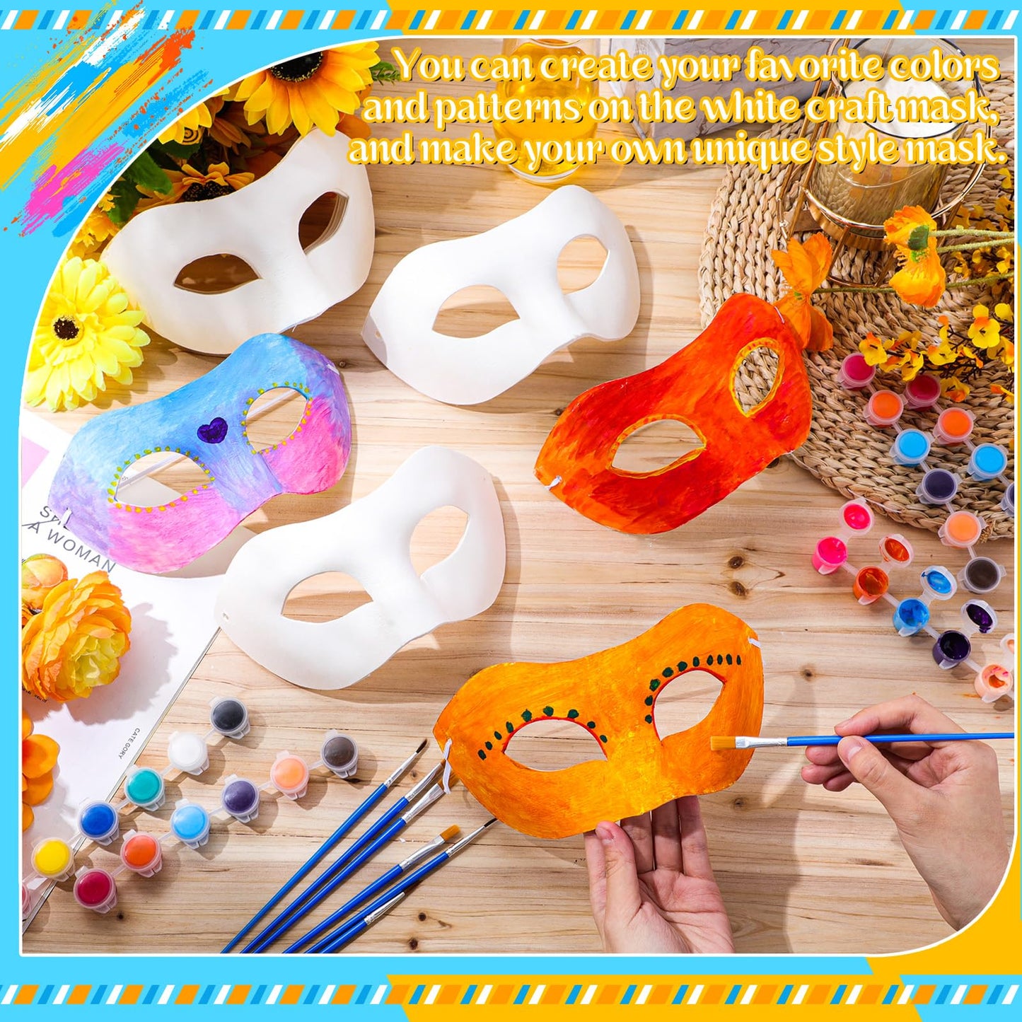 Tisancy 24 Pack White Paper Mask Half Face Masquerade Mask DIY with 12 Colors Acrylic Paint and Brushes Paper for Prom Prom(Acrylic Paint)
