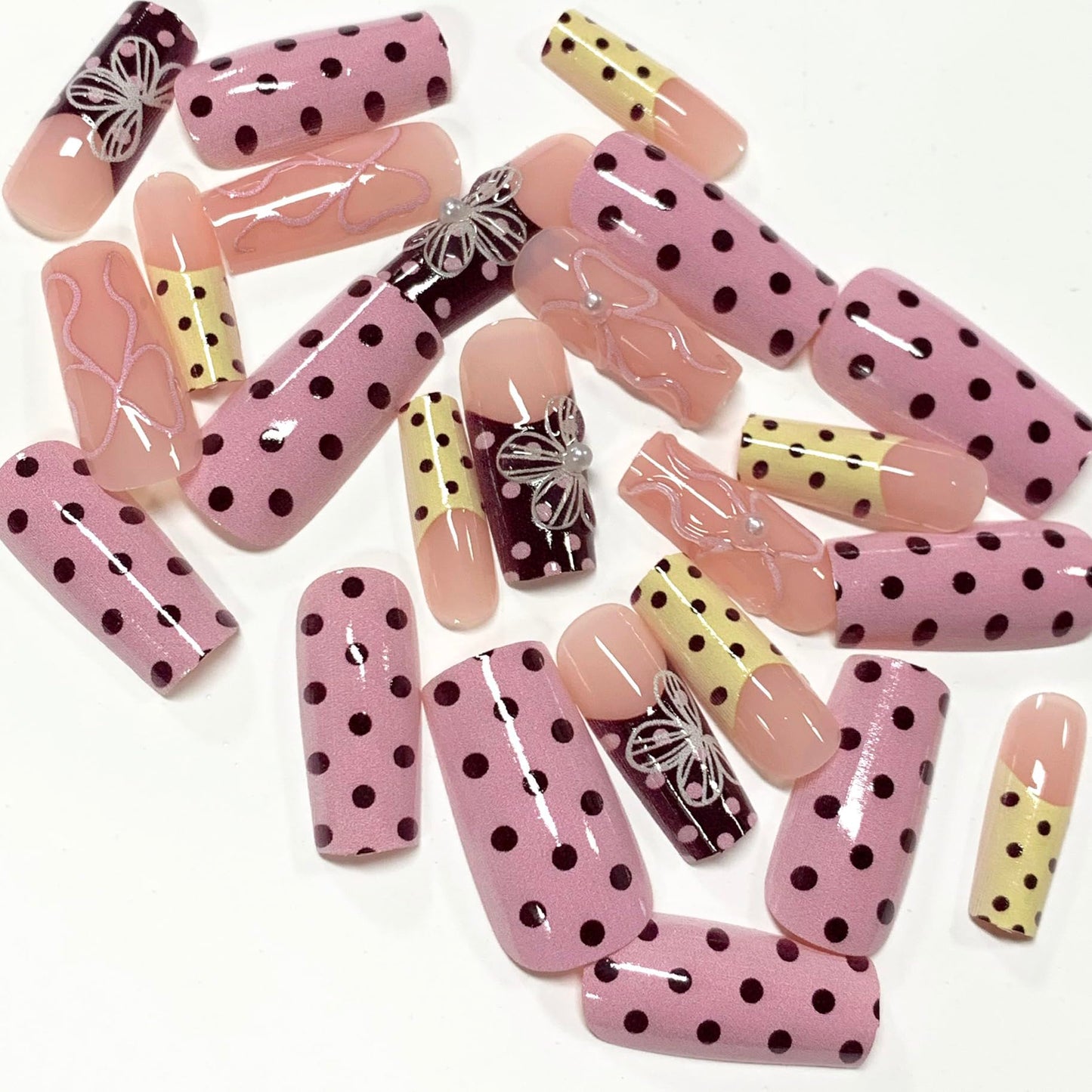 BABALAL Press on Nails, Long Square Fake Nails, Pink Yellow Summer, Polka Dot & Flower Design, Glossy Full Cover False Nails 24Pcs