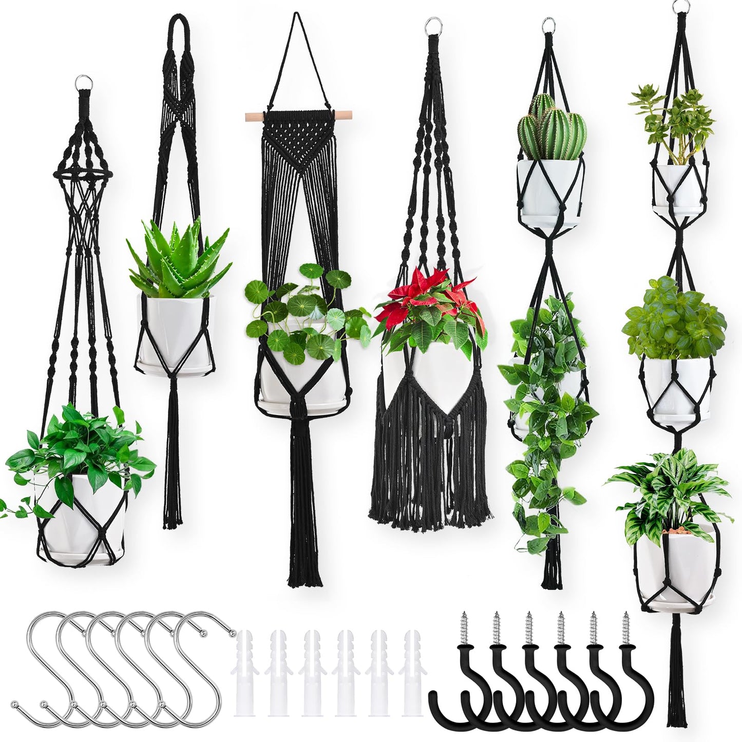 Macrame Plant Hangers, 6Pack Hanging Plant Holders Indoor w/ 6 Set Hooks Handmade Cotton Rope Plant Hangers Set Flower Pots Holder Stand Boho Home Decor Hanging Planters for Indoor Outdoor Plants
