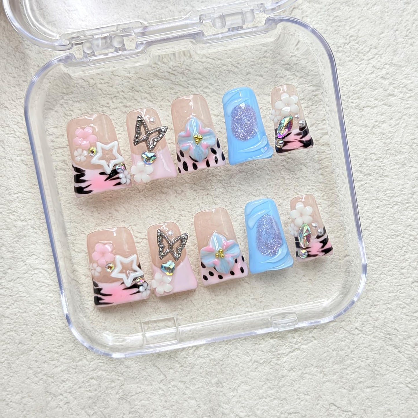 Medium Duck Press on Nails Handmade Nails Nude Pink False Nails with Luxury Rhinestone 5D Flower Art Design Thick False Nails Muti-Layer Gel Handmade Nail for Women (Size S)