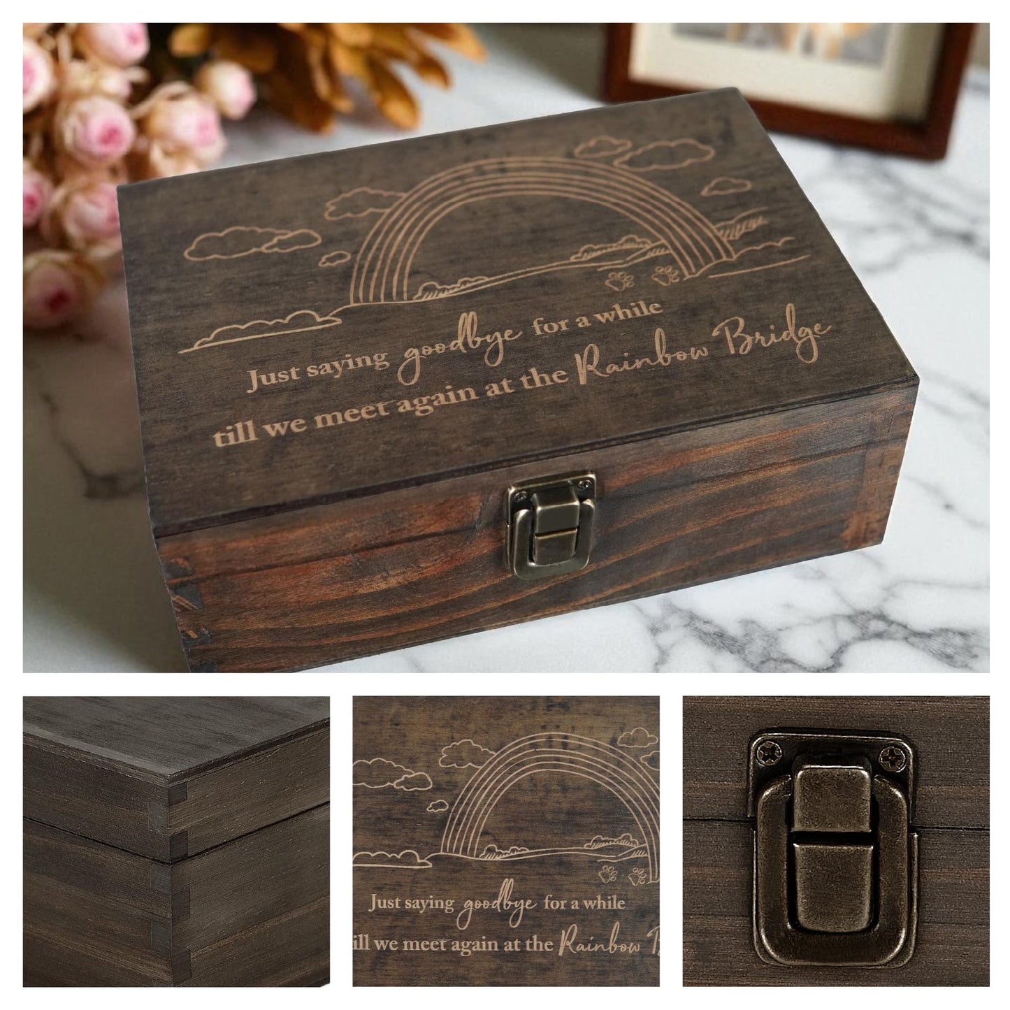 Engraved Pet Memory Box – Wooden Keepsake Box for Dog or Cat Remembrance – Pet Loss Gift – Medium Size – Dark Walnut Finish – 8.5 x 6 x 3 in