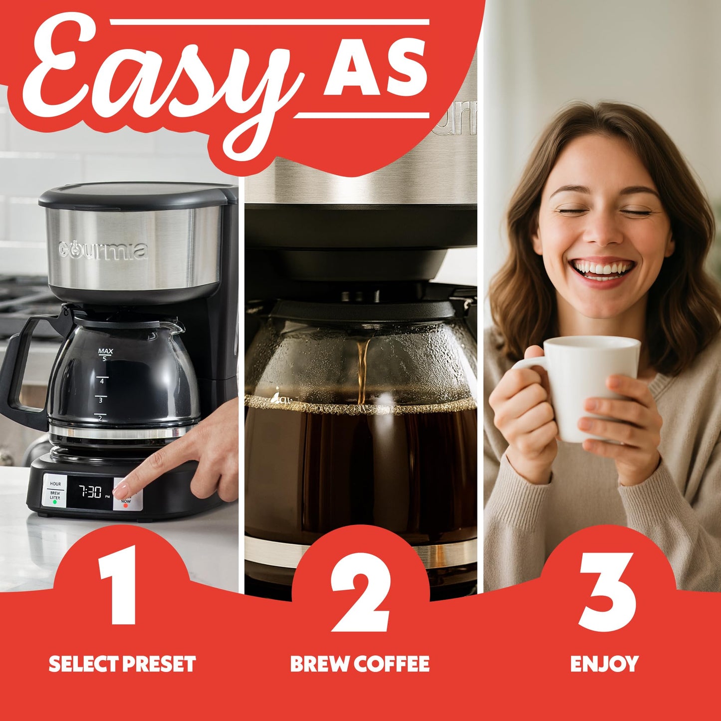 Gourmia Drip Coffee Maker – 5 Cup, One-Touch Brew, Pause & Serve, Adjustable 4 Hr Keep Warm, EZ-View Water Window, Black
