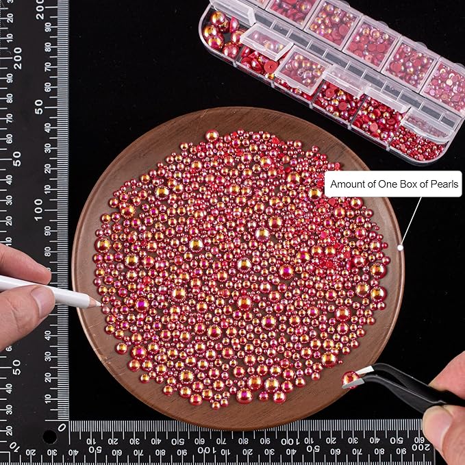 4000PCS Flatback Rhinestones and Half Round Pearls Kit #19, Multi Size Glass Clear Crystals, Plastic Flat Back Red AB Dome Bead with Pickup Pencil and Tweezer for Nail Art