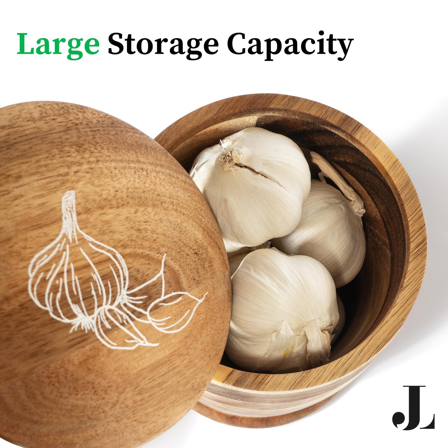 Jean Lemond Introducing The Always Fresh Acacia Garlic Keeper For Counter. A Crafted Large Garlic Storage Jar. A Rustic Garlic Holder Container Pot Saver With Lid. (Large (Fits 5 Heads))