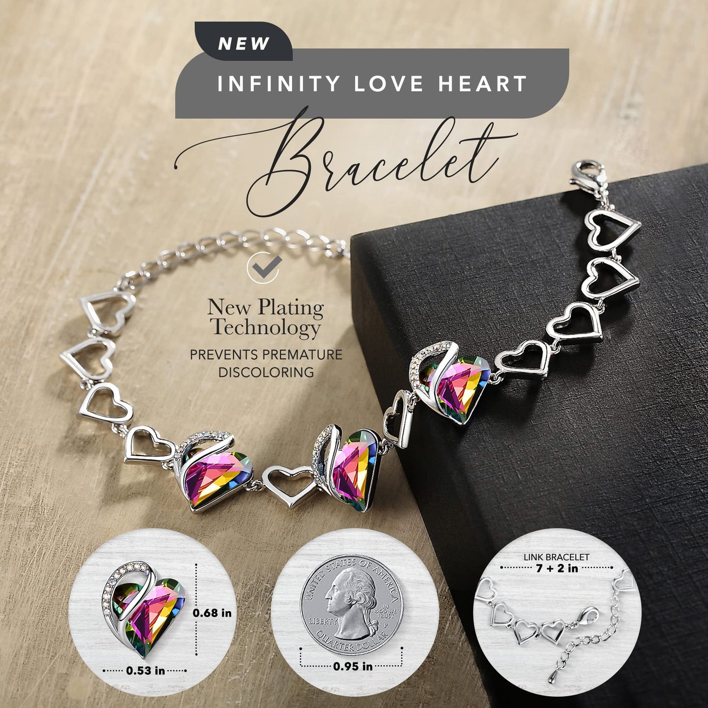 Leafael Infinity Love Heart Gift Bracelet for Women, Healing Stone for Protection, Rainbow Tourmaline Black, Silver Tone, 7-inch Chain and 2-inch Extender