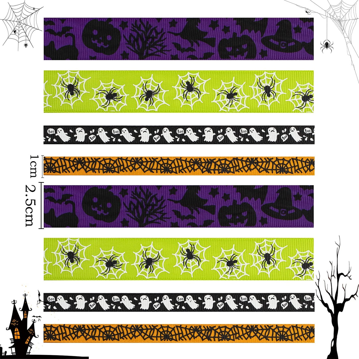 Linsoir Beads 70 Yards Halloween Grosgrain Ribbons Bat Spider Printed Ribbons Witch Hat Skull Pumpkin Ghost Printed Ribbons Assorted Halloween Decorative Wrapping Ribbons for Halloween Home Wreath