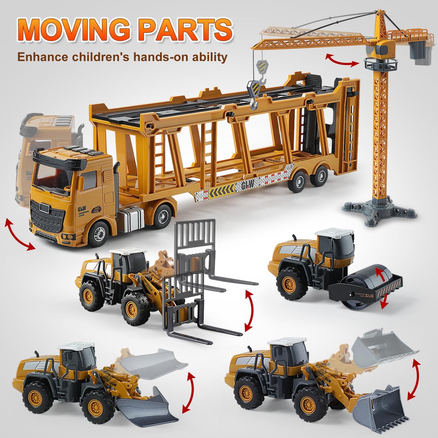 GLW Construction Trucks Toy Set – Alloy Inertia Driving 1:40 & 1:55 Simulation Model Toys, Including Forklifts, Wheel Loader, Road Rollers, Bulldozer, and High Cranes with Scenario Accessories