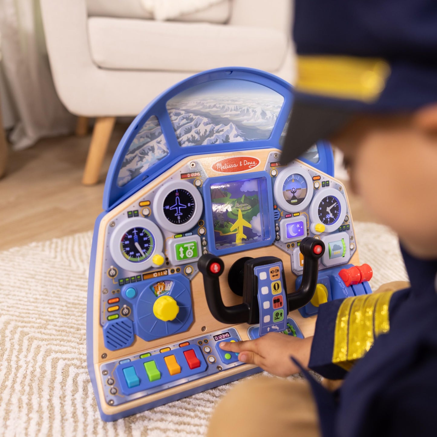 Melissa & Doug Jet Pilot Interactive Dashboard Wooden Toy for Boys and Girls Ages 3+ Cockpit Steering Wheel Pretend to Fly Experience, Fidget Buttons - FSC Certified