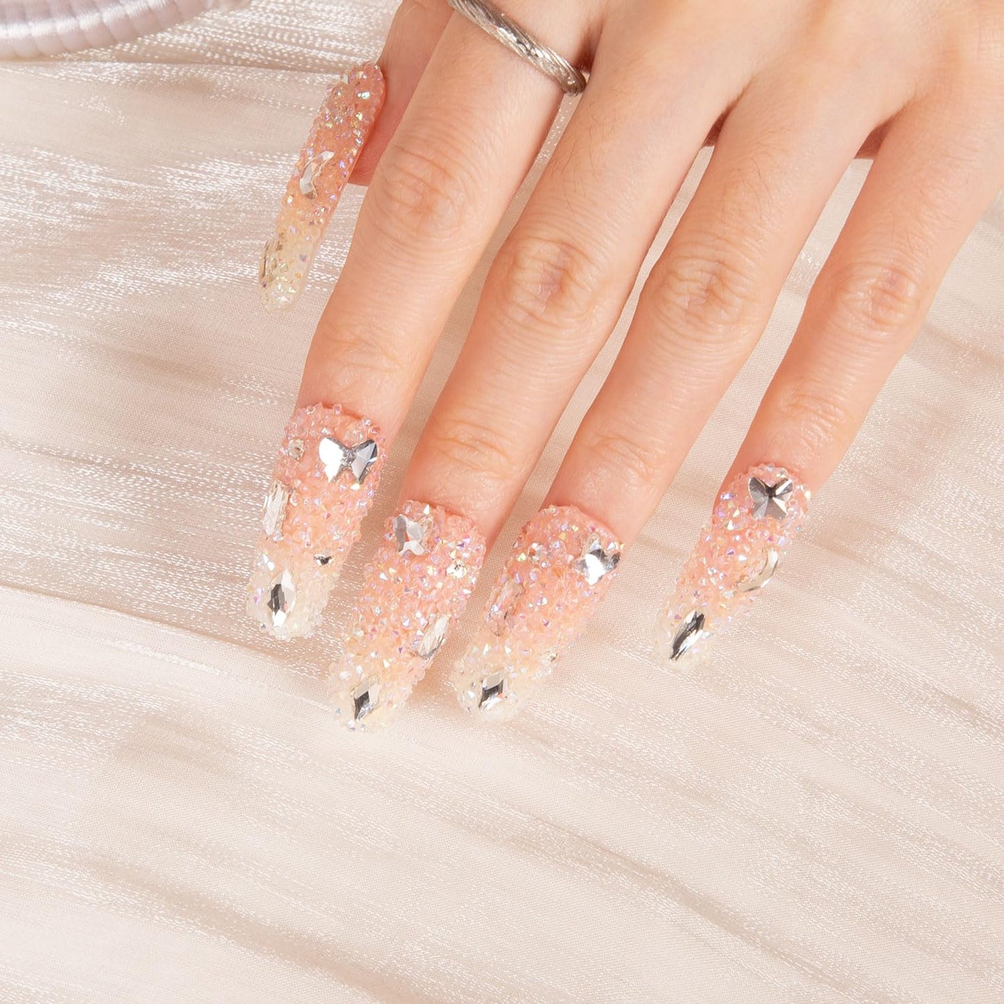 LOVFUL Press on Nails Berry Shake | Handmade with Full Covered Crystals | Reusable Full Cover Nails | Coffin Classic Regular 1.3 in | H56-L