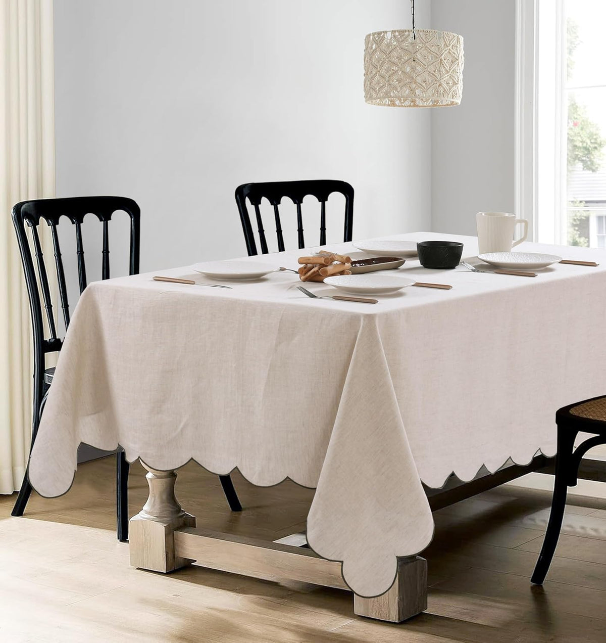 100% French Flax Linen Tablecloths Scalloped Embroidery Rectangle 144Lx60W Inch for Dinners, Parties, Spring, Machine Washable, 12-14 Sets, Linen(Edges-Green)