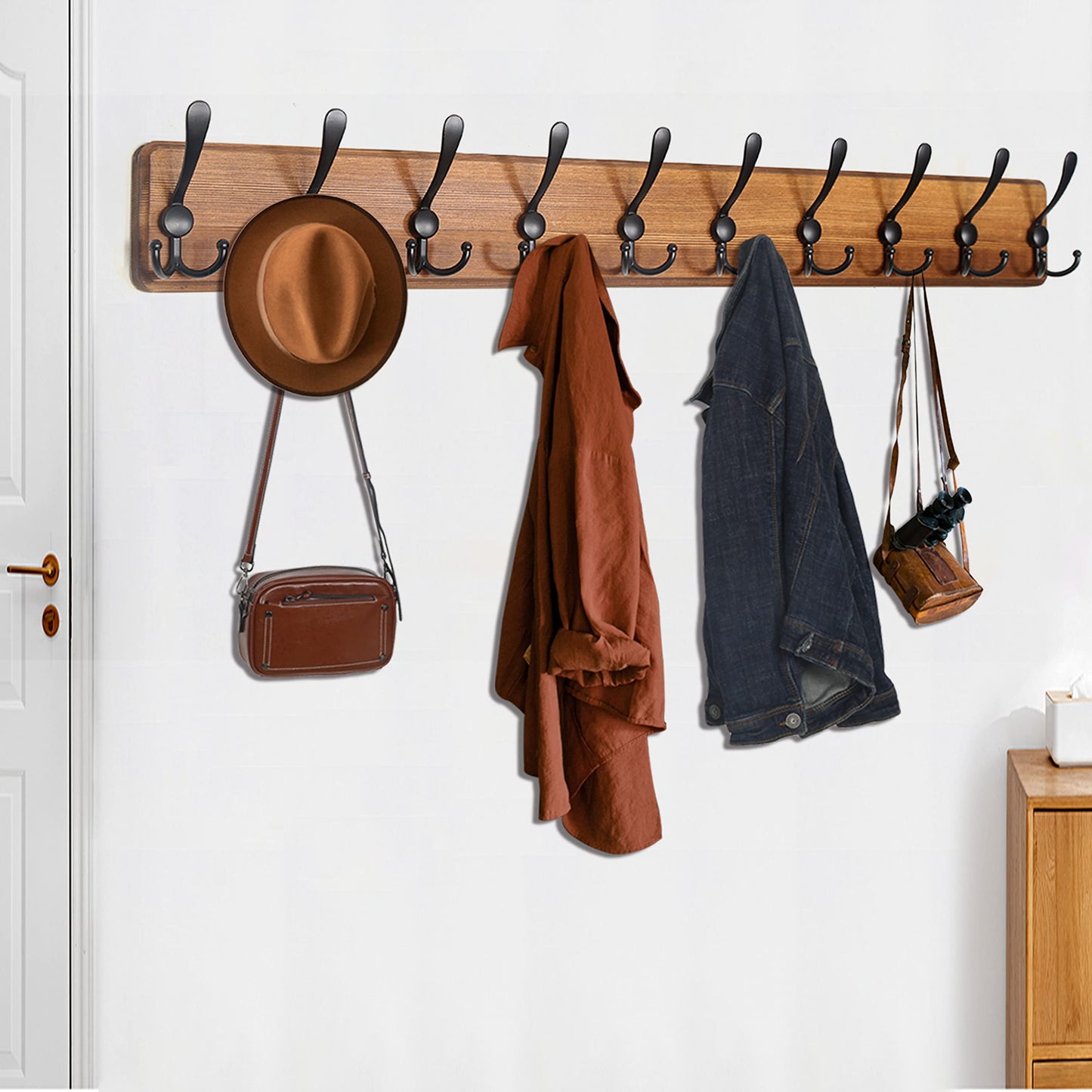 WEBI Coat Rack Wall Mount,38 9/16" Long,10 Hooks,Coat Hooks Wall Mounted,Coat Hanger Wall,Farmhouse Wood Hook Rack Rail,Triple Hooks for Hanging Coats,Clothes,Jacket,Brown