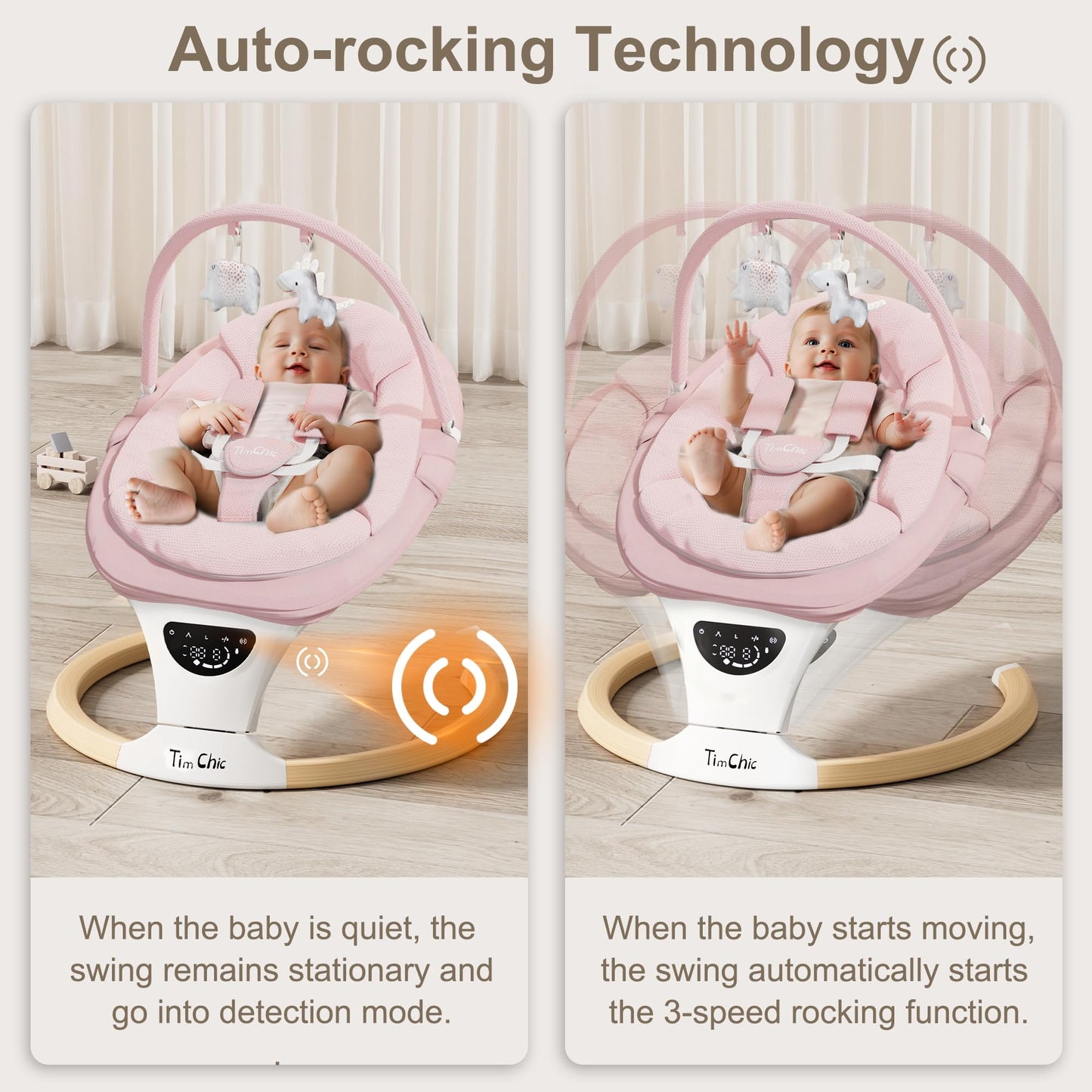 TimChic Baby Swings for Infants, Portable Infant Swing with 5-Speeds, 3-Adjustable Height, 3 Timer & 12 Lullabies, Mutil-Function Electric Swing for Baby, Indoor & Outdoor Use (Pink)