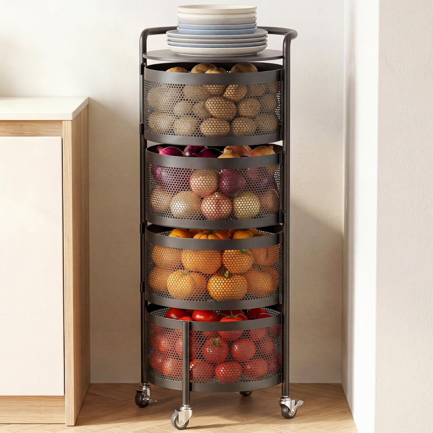 JAQ No Assembly Kitchen Storage Cart with Wheels, 4-Tier Rotating Vegetable & Onion Storage Rack, Metal Produce Organizer for Potato, Fruit and Pantry, Black