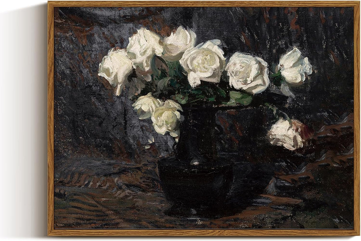 VIYYIEA Framed Canvas Wall Art Home Decor Vintage Botanical Prints White Roses in Vase Rustic Farmhouse Flower Wall Decor Mid Century Pictures Art Prints Floral Room Decor for Living Room 12x16in