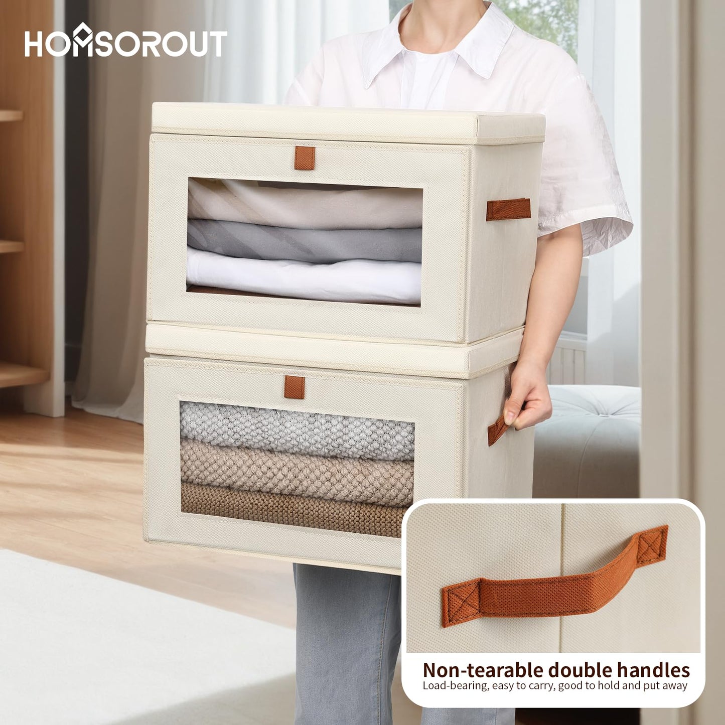 Homsorout Large Closet Storage Bins - Collapsible Storage Bins with Handles & Window, Decorative Boxes with Lids, Fabric Cubes for Living Room, Dorm, 1 Pack, Beige