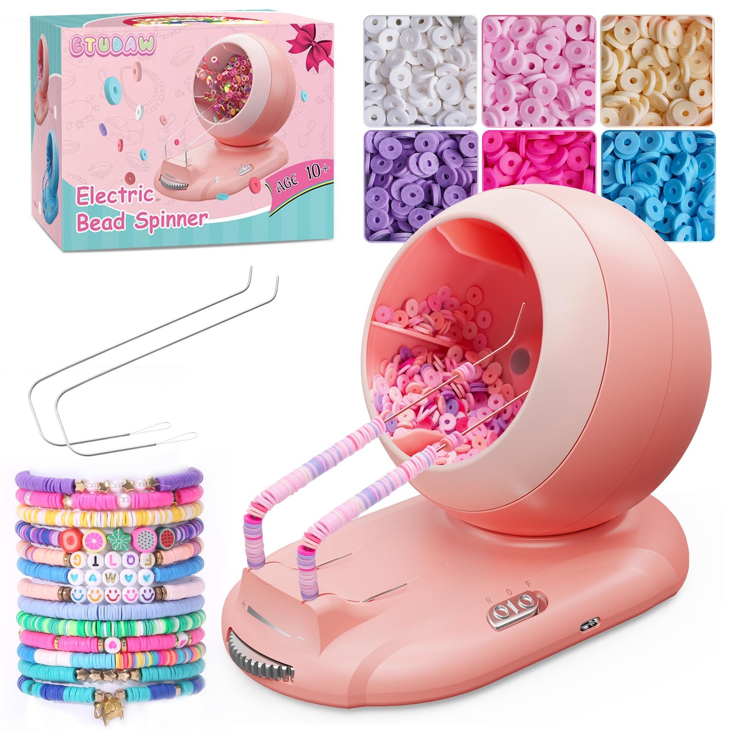 ETUDAW Bead Spinner, Rechargeable Electric Clay Bead Spinner Kit for Bracelet Making, Beginner Clay Beads Kit with Dual Needles and Adjustable Speed, Gift for Holidays, Birthdays (Pink)