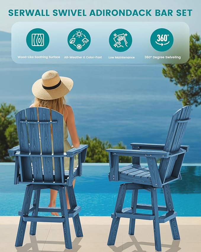 SERWALL Swivel Adirondack Bar Chairs Set of 4, HDPE Outdoor Swivel Barstools Chairs Set of 4 for Bistro, Poolside, Garden, Blue