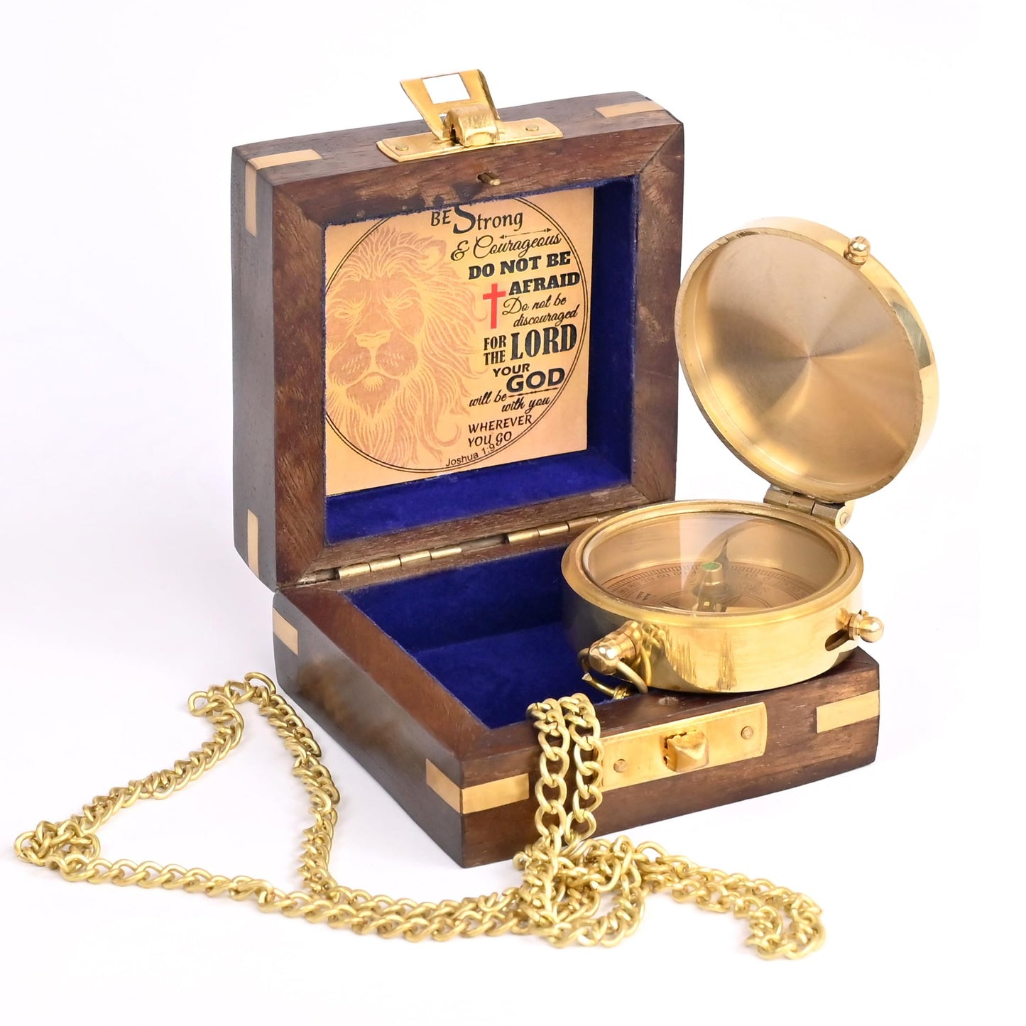 The New Antique Store - Brass Compass Engraved with Religious Scripture Verse (Joshua 1:9) - Perfect for Baptism, Confirmation, Communion - Ideal for Godson, Church, Graduation - Presented in Wood Box