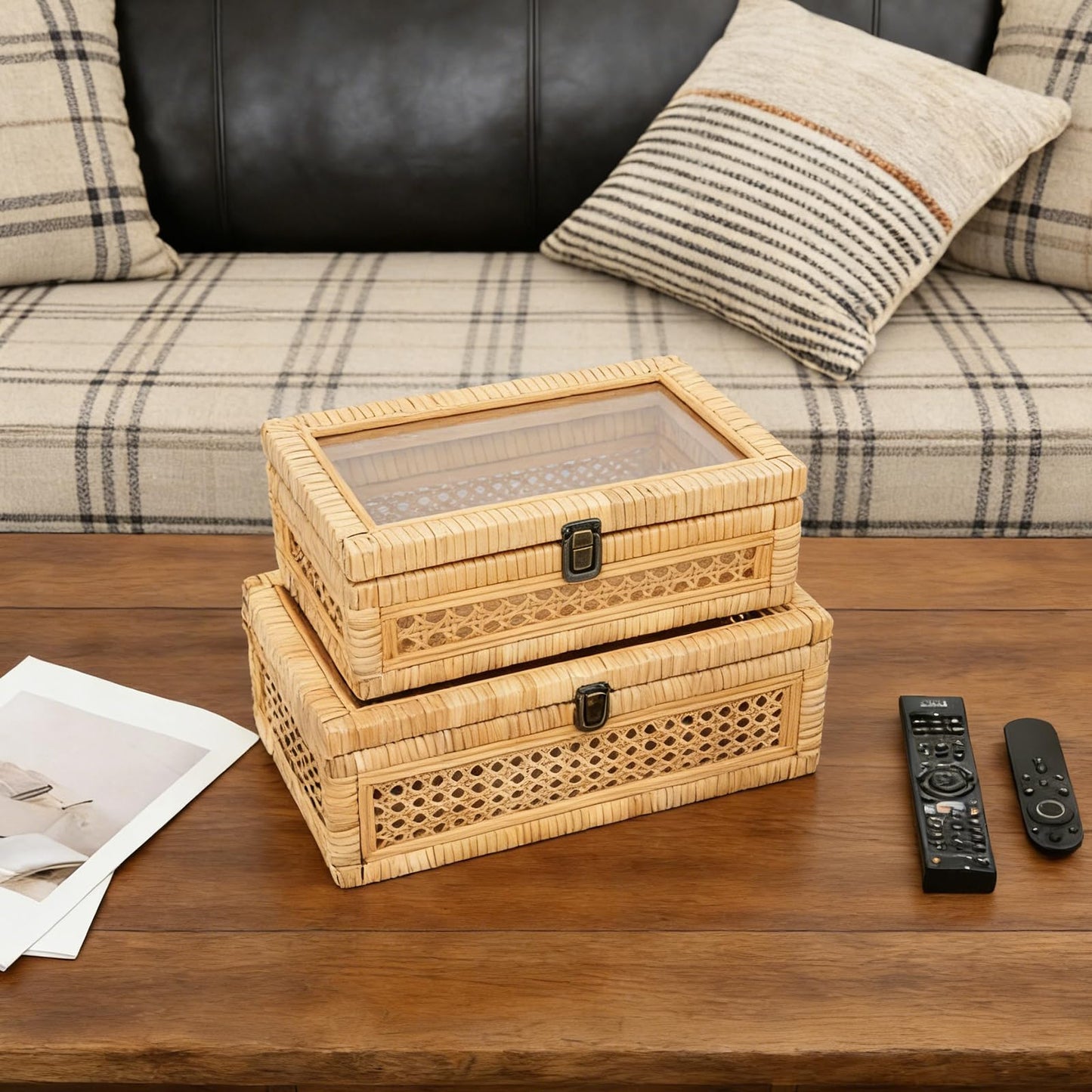 DECOR4SEASON Rattan and Cane Stacking Boxes with Glass Top Lid - Set of 2 for Boho, and Rustic Farmhouse Decor