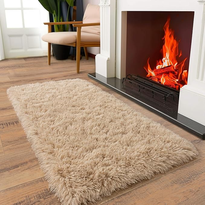 Soft Runner Rugs for Bedroom Hallways New Upgraded Non-Slip Bottom, 2 Packs 2x4 Beige Fluffy Shag Throw Area Rug for Bedside Dorm, Long Shaggy Furry Carpet for Nursery Living Room