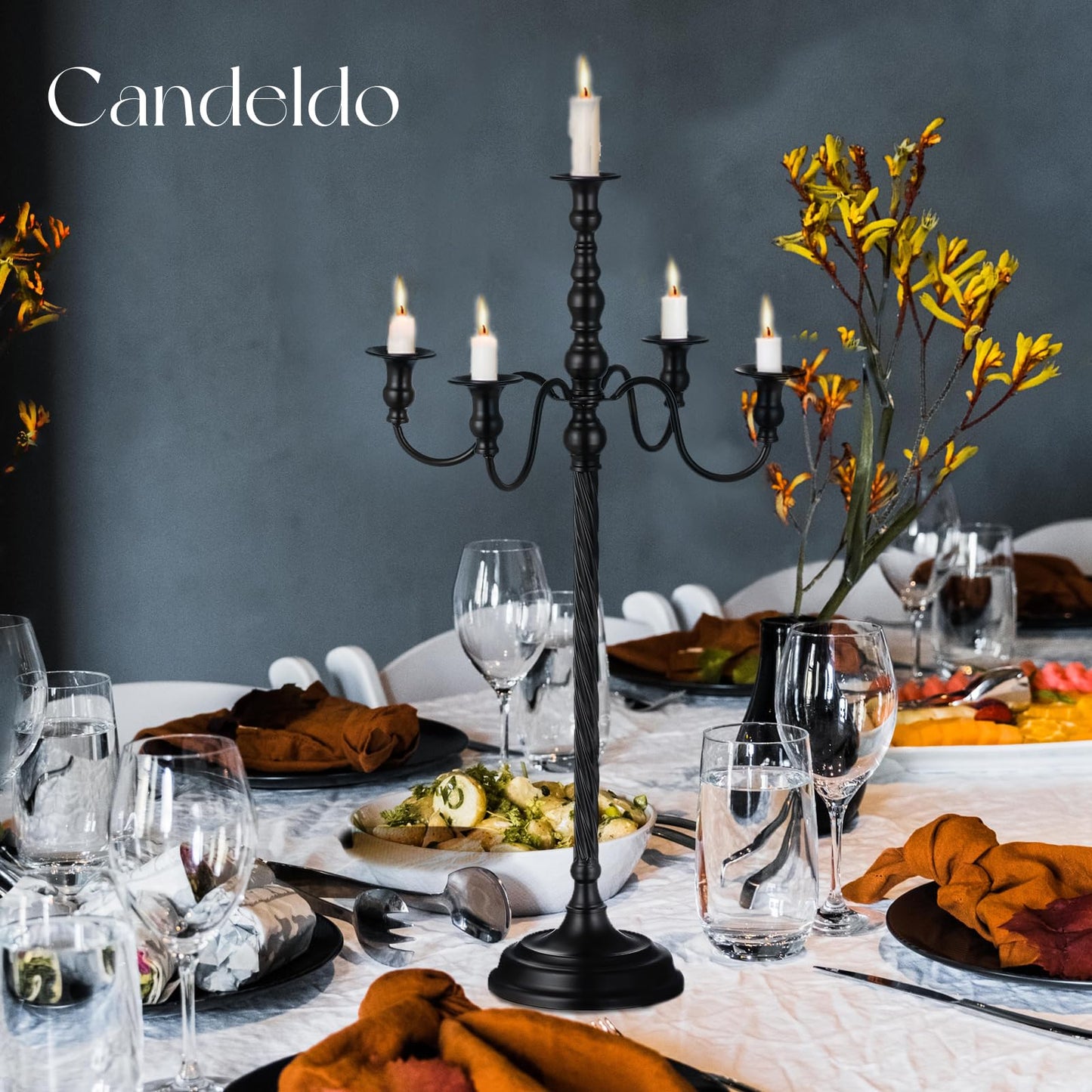 Candeldo Black Candelabra Halloween Decorations: 28 Inches Floor Gothic Candle Holder 5 Arm Metal Candlestick Stand for Table Fireplace Victorian Decor Set of 2