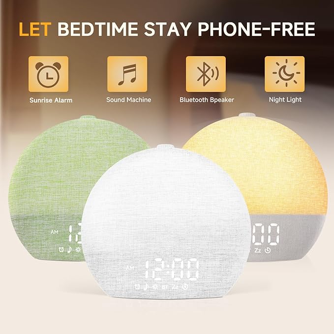 Geuuap Sunrise Alarm Clock White Noise Machine with Bluetooth Speaker,White | 30 Soothing Sounds, 17 Dimmable lights, Simulated Sunrise, Backup Battery Memory, Auto-off Sleep Timer, Screen-Free Design