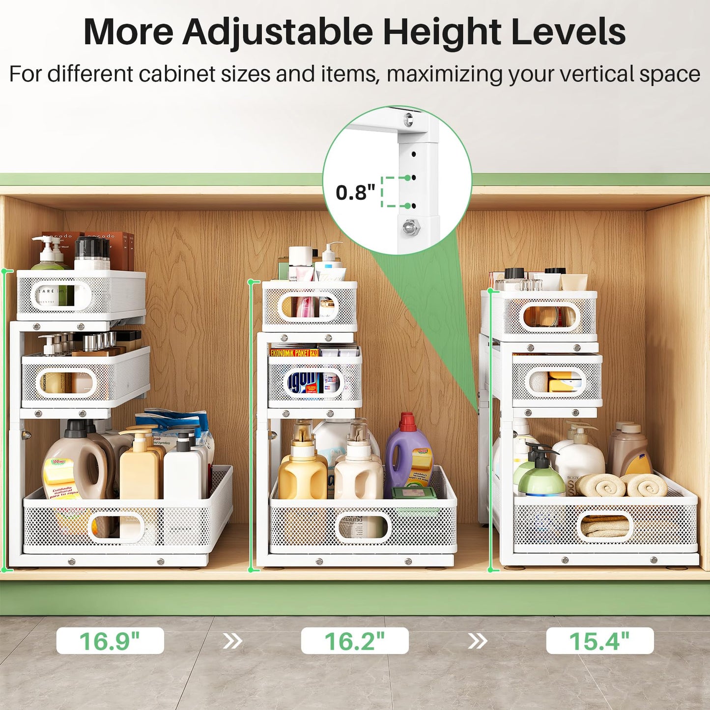 Kitstorack Under Sink Organizer, 2-Pack 3-Tier Height Adjustable Thickened Metal Pull out Cabinet Organizer Shelf, Slide out Storage Drawer Rack for Bathroom Kitchen Pantry Home Laundry Organization