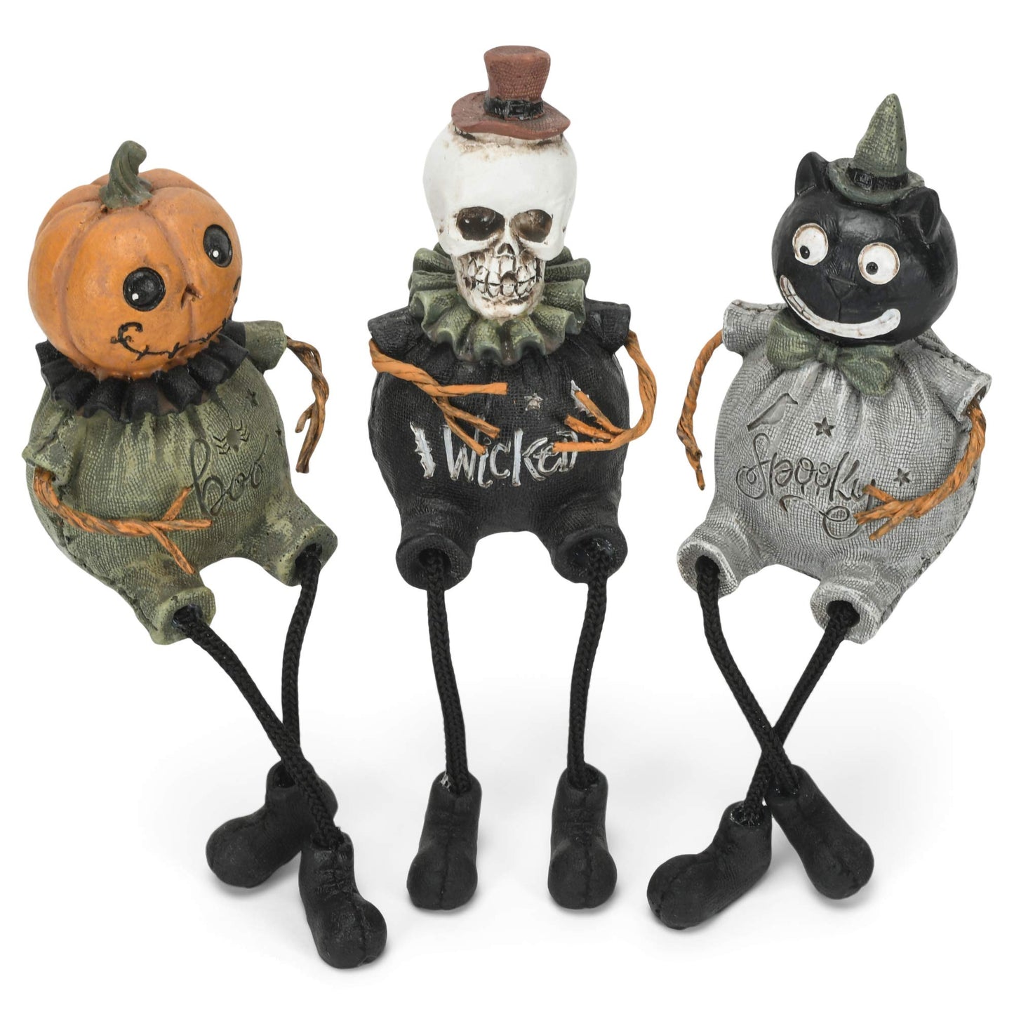 Transpac Boo Wicked Spooky Green 7.5 x 2.25 Resin Decorative Tabletop Figurine Shelf Sitter Set 3