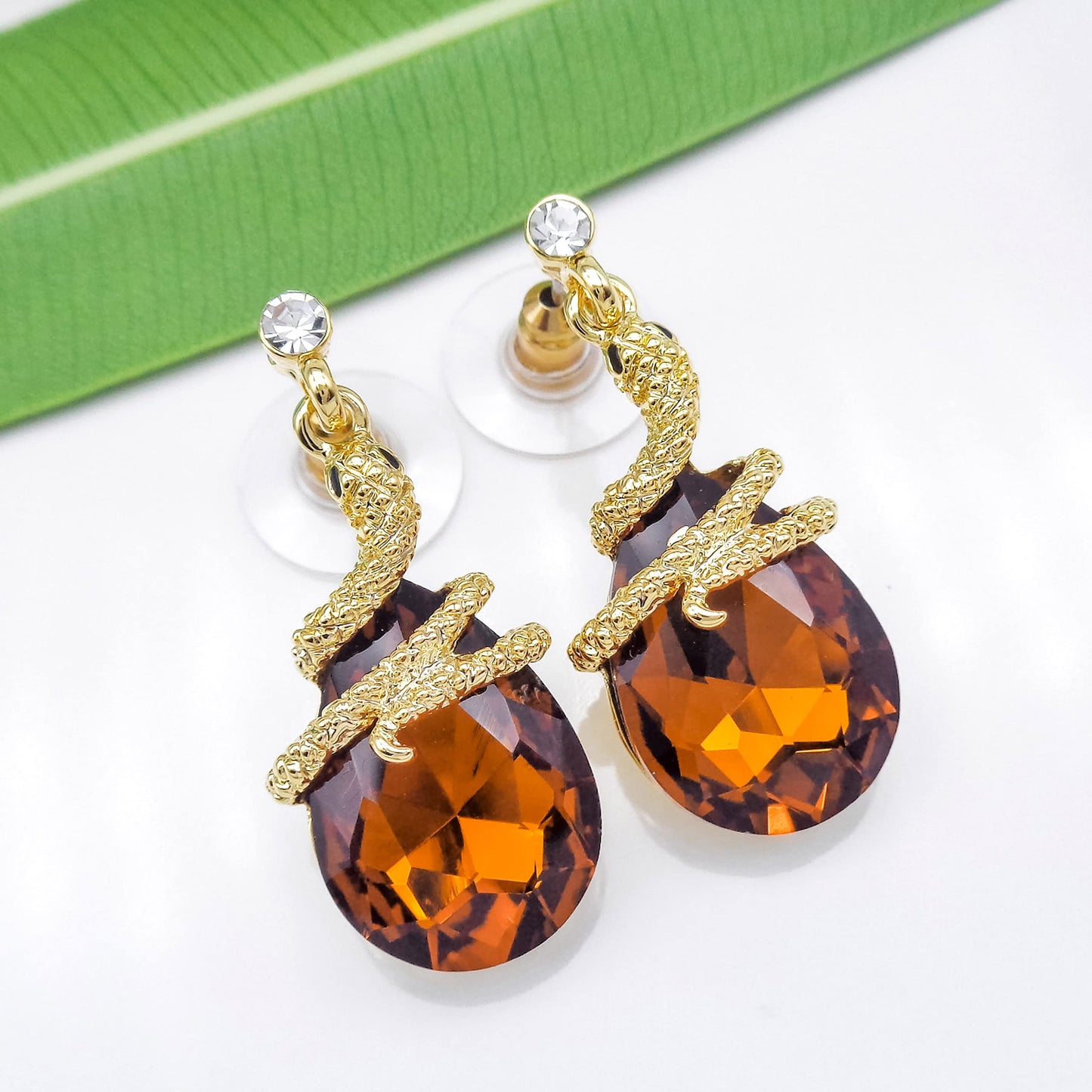 Navachi 18k Gold Plated Crystal Dark Brown Zircon Snake Drop Dangle Az1354 Stud Earrings
