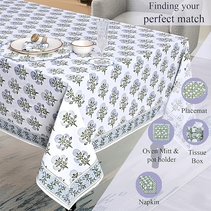 Ridhi Hand Block Print Mughal Buta Blue Rectangle Cotton Tablecloth 108" x 70" Reusable Table Cover Decorative Everyday Use for Dining, Farmhouse, Home Gift for Spring, Easter, Valentine
